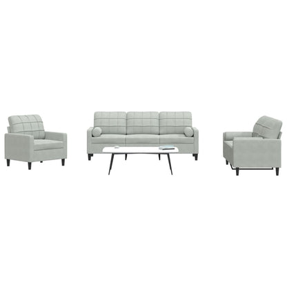 3 pcs conjunto sofás com almofadões e rolos veludo cinza-claro