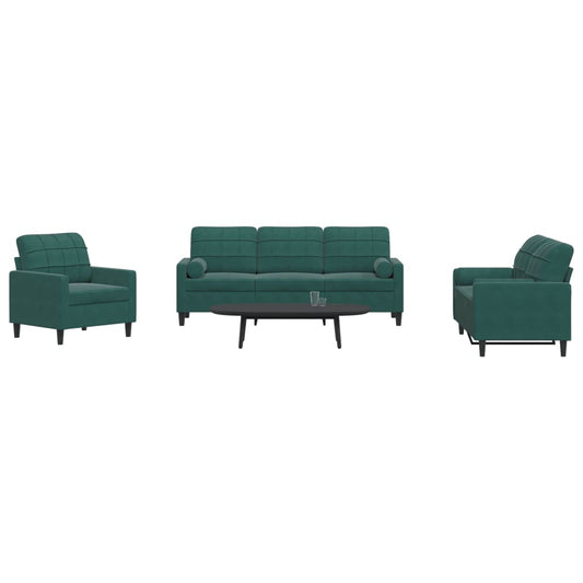 3 pcs conjunto sofás com almofadões e rolos veludo verde-escuro