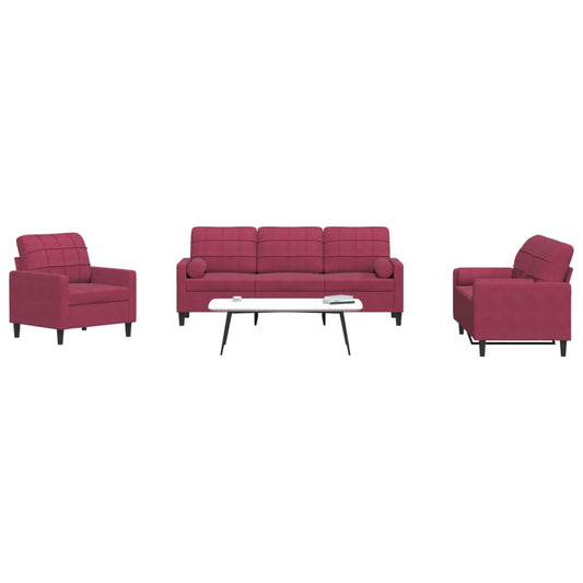 3pcs conjunto sofás c/ almofadões e rolos veludo vermelho tinto