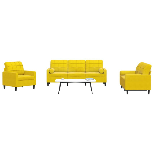 3 pcs conjunto de sofás com almofadões e rolos veludo amarelo
