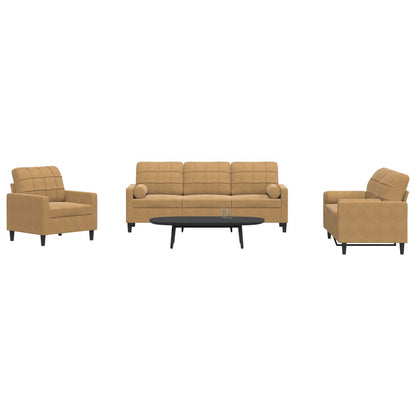 3 pcs conjunto de sofás com almofadões e rolos veludo castanho