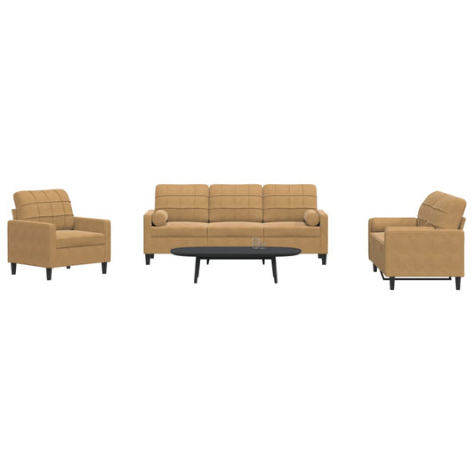 3 pcs conjunto de sofás com almofadões e rolos veludo castanho