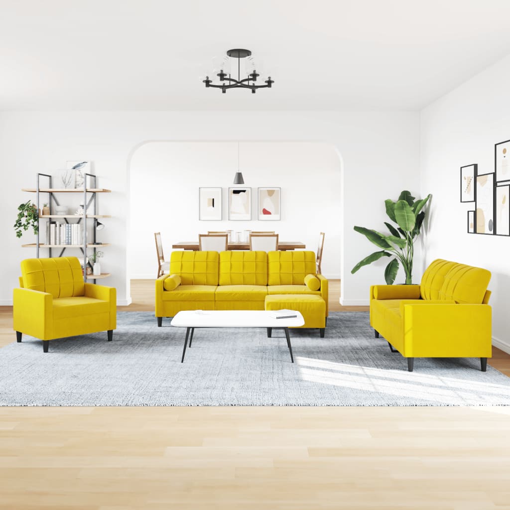 4 pcs conjunto de sofás com almofadões e rolos veludo amarelo
