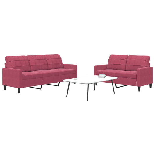 2 pcs conjunto de sofás com almofadões veludo vermelho tinto