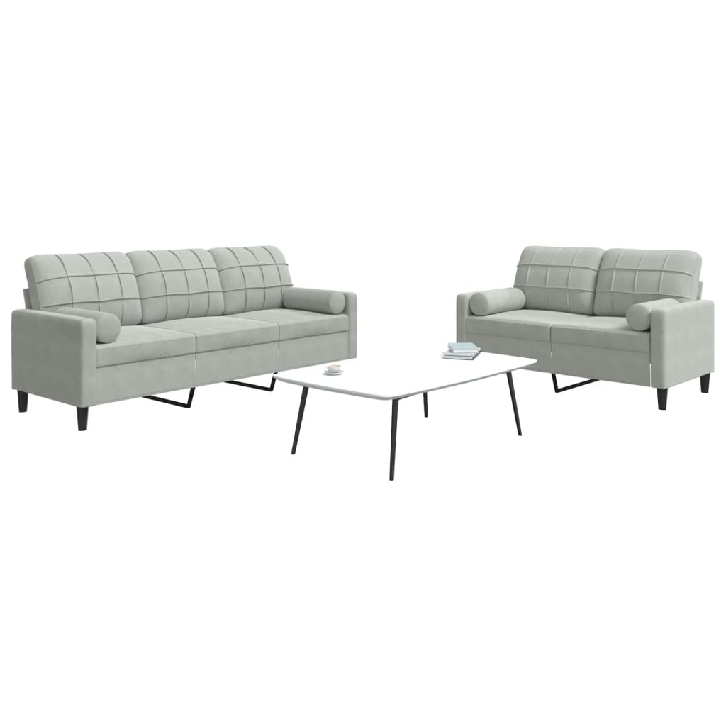 2 pcs conjunto sofás com almofadões e rolos veludo cinza-claro