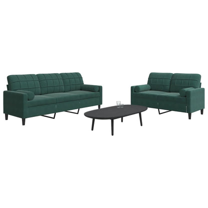 2 pcs conjunto sofás com almofadões e rolos veludo verde-escuro