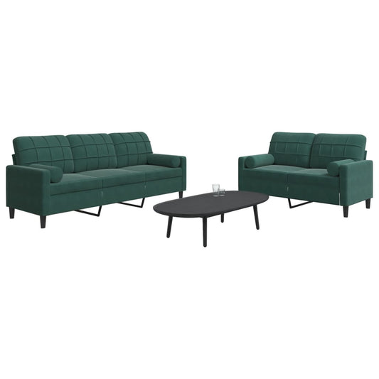 2 pcs conjunto sofás com almofadões e rolos veludo verde-escuro