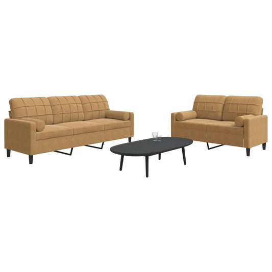 2 pcs conjunto de sofás com almofadões e rolos veludo castanho
