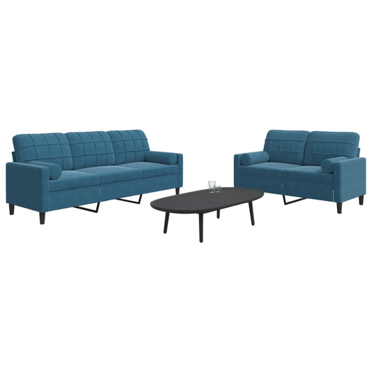 2 pcs conjunto de sofás com almofadões e rolos veludo azul