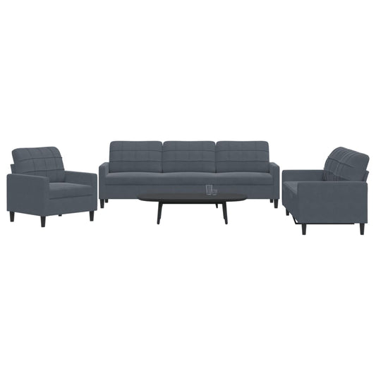 3 pcs conjunto de sofás com almofadões veludo cinzento-escuro