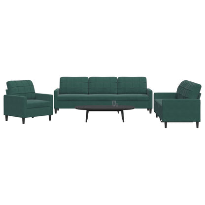 3 pcs conjunto de sofás com almofadões veludo verde-escuro