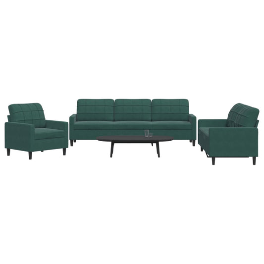 3 pcs conjunto de sofás com almofadões veludo verde-escuro
