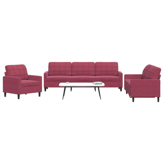 3 pcs conjunto de sofás com almofadões veludo vermelho tinto