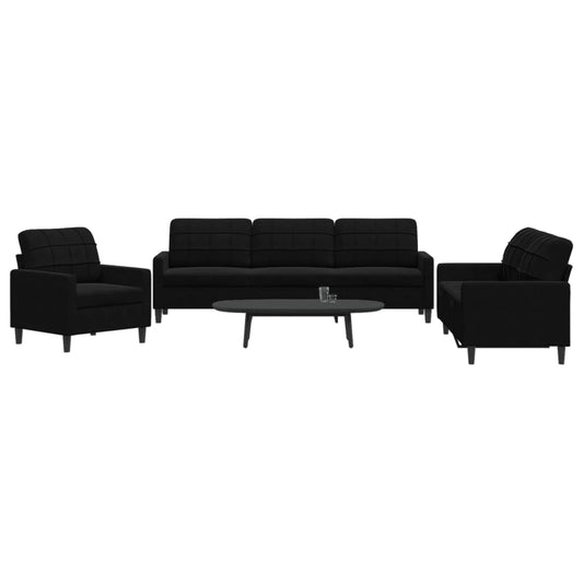 3 pcs conjunto de sofás com almofadões veludo preto