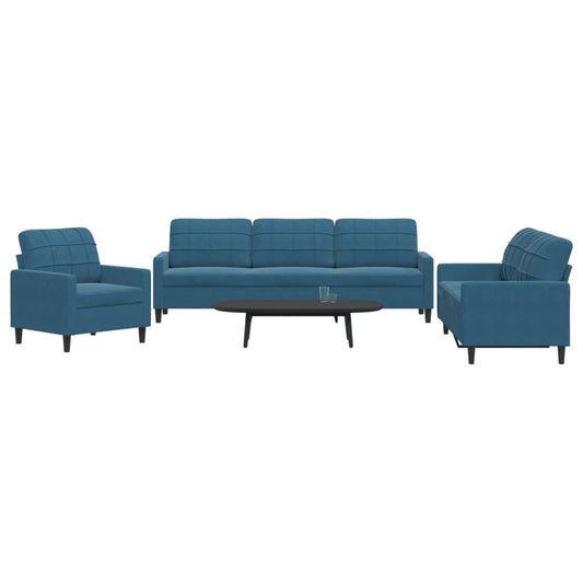 3 pcs conjunto de sofás com almofadões veludo azul