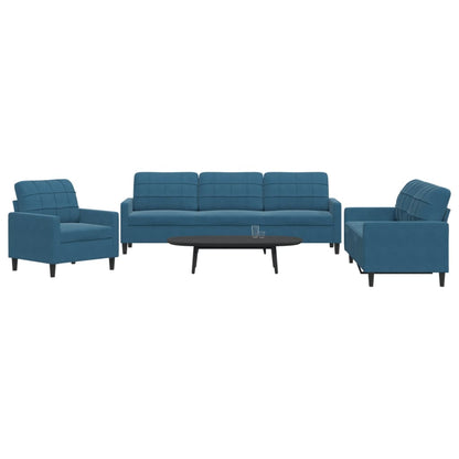 3 pcs conjunto de sofás com almofadões veludo azul