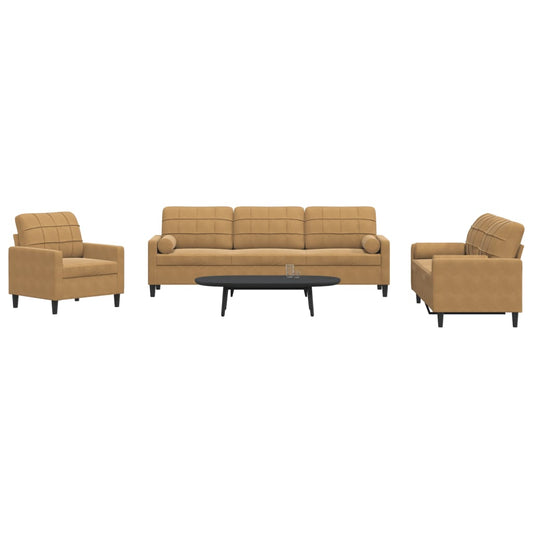 3 pcs conjunto de sofás com almofadões e rolos veludo castanho