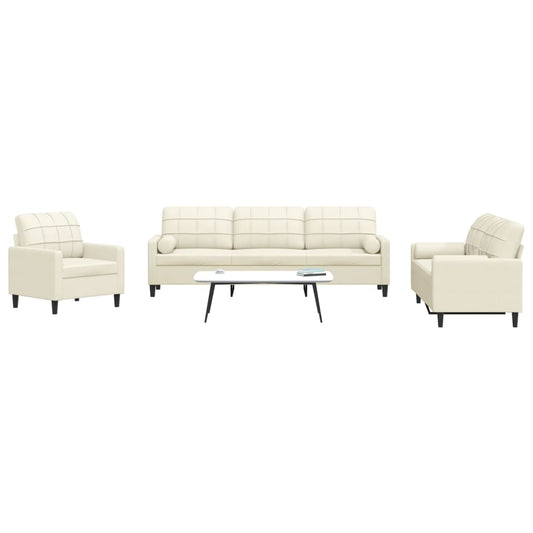 3 pcs conjunto de sofás com almofadões e rolos veludo creme