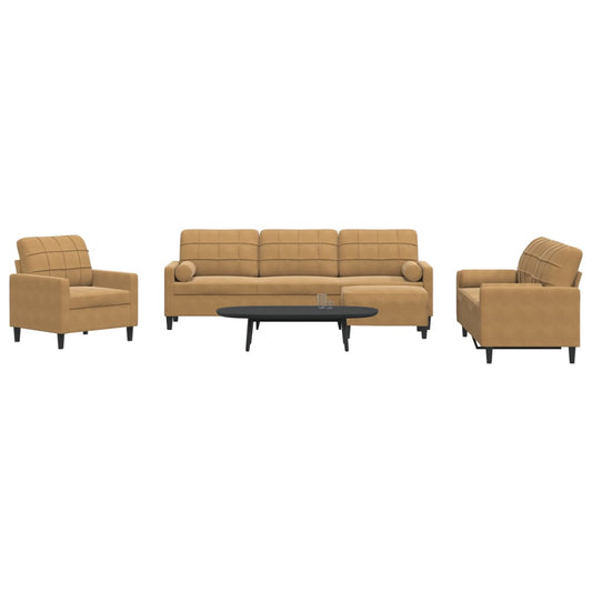 4 pcs conjunto de sofás com almofadões e rolos veludo castanho