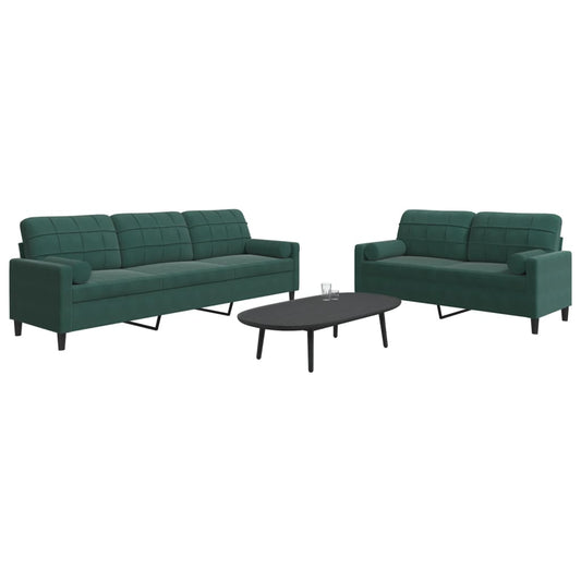2 pcs conjunto sofás com almofadões e rolos veludo verde-escuro