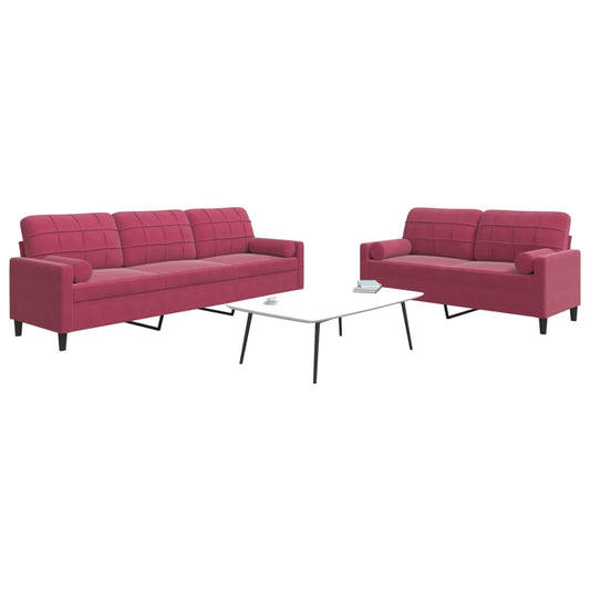 2pcs conjunto sofás c/ almofadões e rolos veludo vermelho tinto