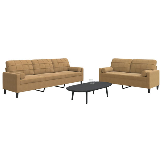 2 pcs conjunto de sofás com almofadões e rolos veludo castanho