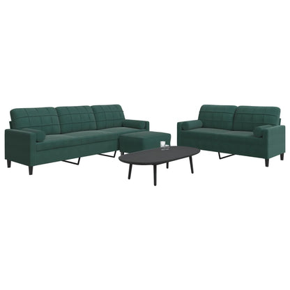 3 pcs conjunto sofás com almofadões e rolos veludo verde-escuro