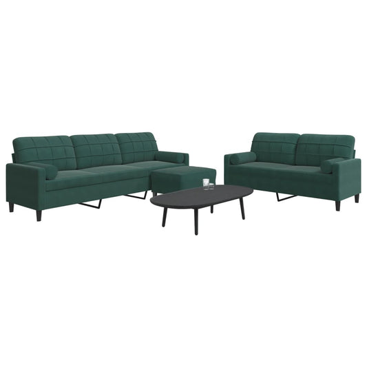 3 pcs conjunto sofás com almofadões e rolos veludo verde-escuro
