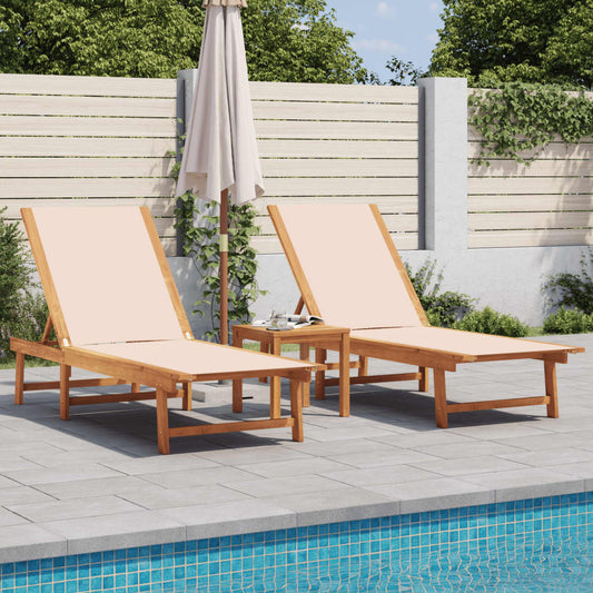 Sun loungers with table 2 pcs solid acacia/textilene cream