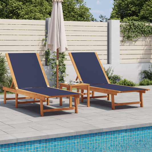 Sun loungers with table 2 pcs solid acacia/textilene blue