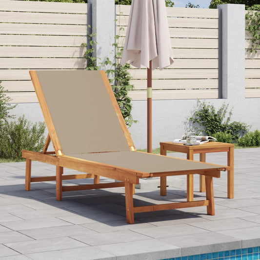 Solid acacia and grey-brown textilene sun lounger