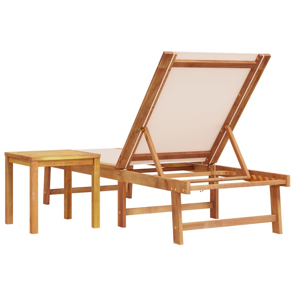 Sun lounger with solid acacia table and cream textilene