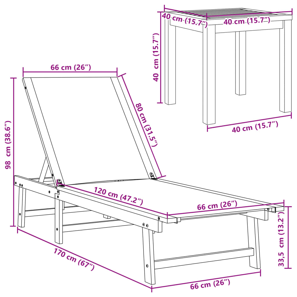 Sun lounger with solid acacia table and cream textilene