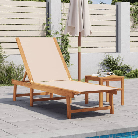 Sun lounger with solid acacia table and cream textilene