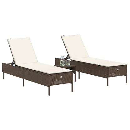 3 pcs Sun lounger set with cushions, brown poly rattan