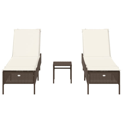 3 pcs Sun lounger set with cushions, brown poly rattan