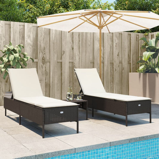 3 pcs Sun lounger set with cushions, brown poly rattan