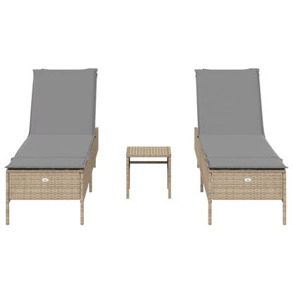 3 pcs sun lounger set with cushions PE rattan beige