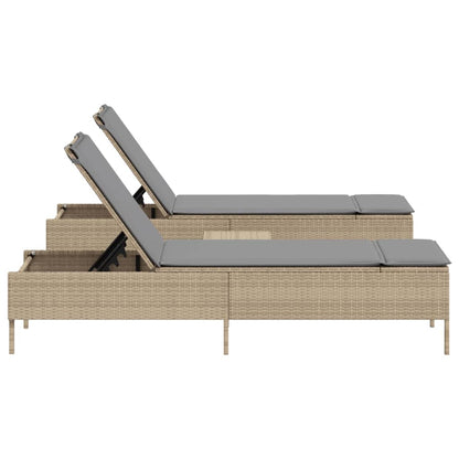 3 pcs sun lounger set with cushions PE rattan beige