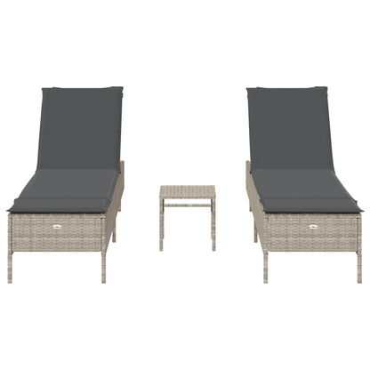 3 pcs sun lounger set with cushions light grey poly rattan