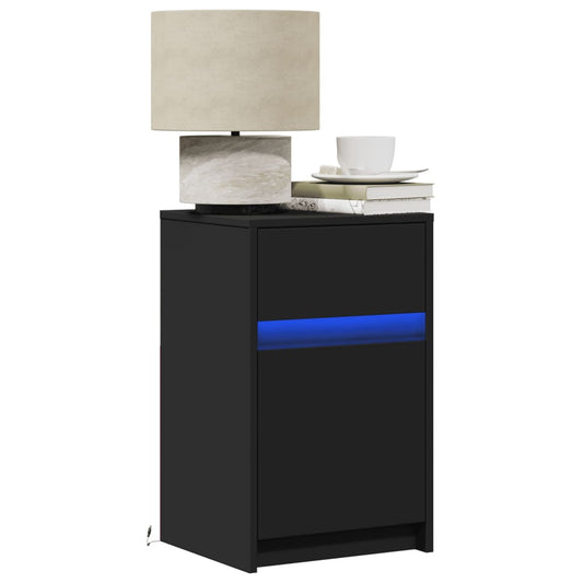 Mesa de cabeceira com luzes LED derivados de madeira preto