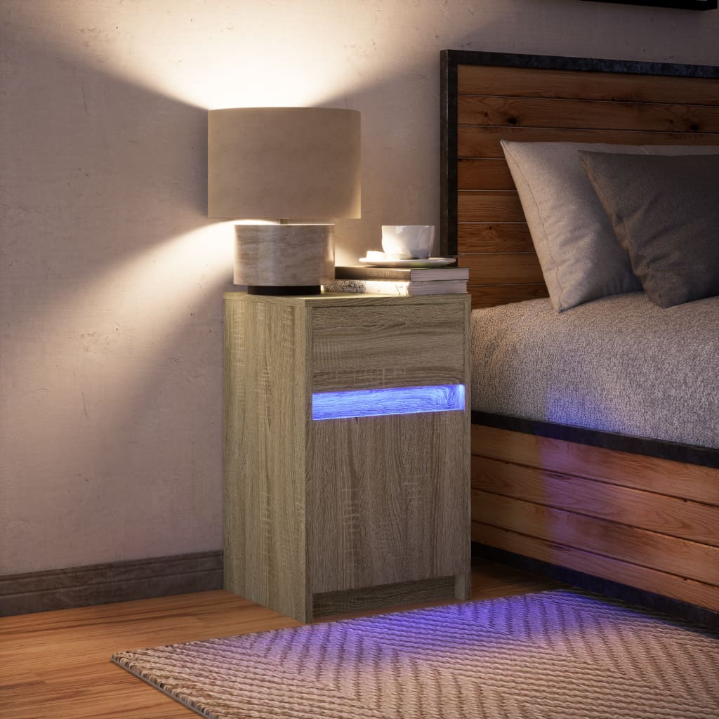 Mesa cabeceira c/ luzes LED derivados madeira carvalho sonoma