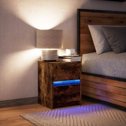 Mesa cabeceira c/ luzes LED derivados madeira carvalho fumado