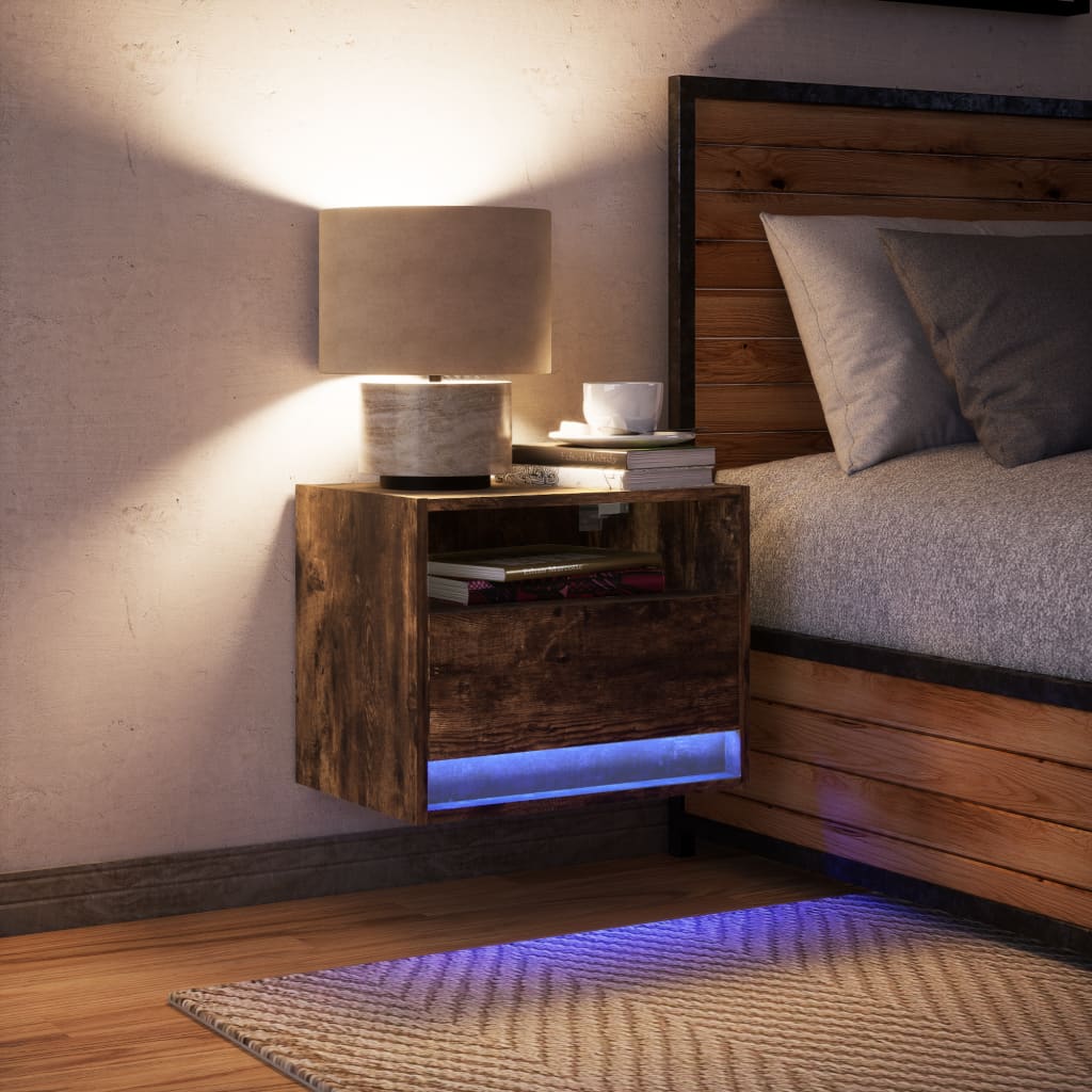 Mesa de cabeceira de parede com luzes LED carvalho fumado