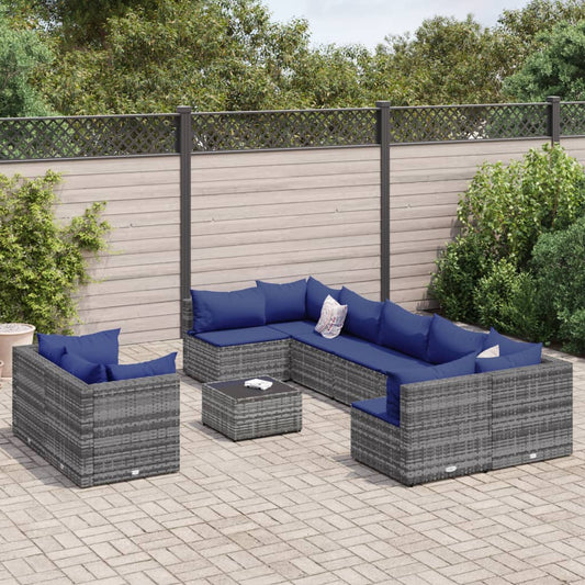 10 pcs garden sofa set with cushions poly rattan grey
