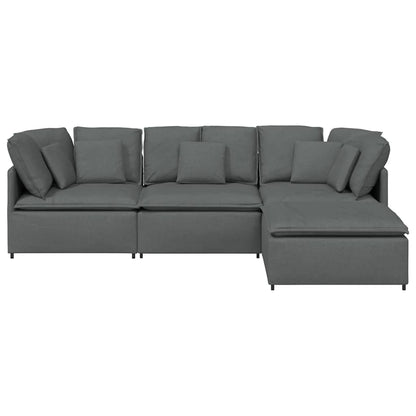 Sofá modular com pufes e almofadas tecido cinzento-escuro
