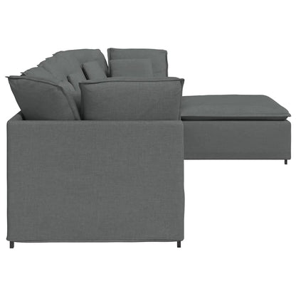 Sofá modular com pufes e almofadas tecido cinzento-escuro