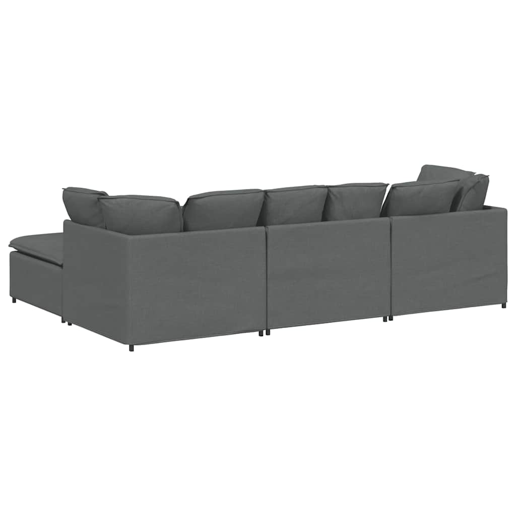 Sofá modular com pufes e almofadas tecido cinzento-escuro