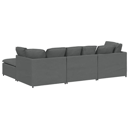 Sofá modular com pufes e almofadas tecido cinzento-escuro