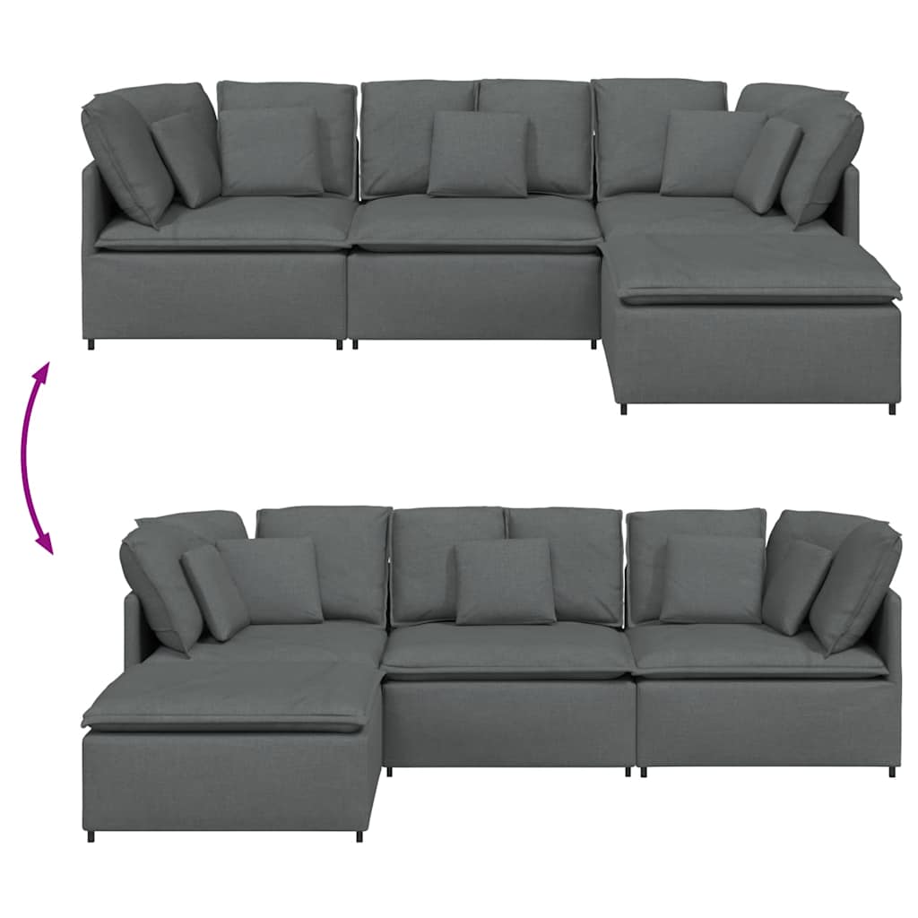 Sofá modular com pufes e almofadas tecido cinzento-escuro